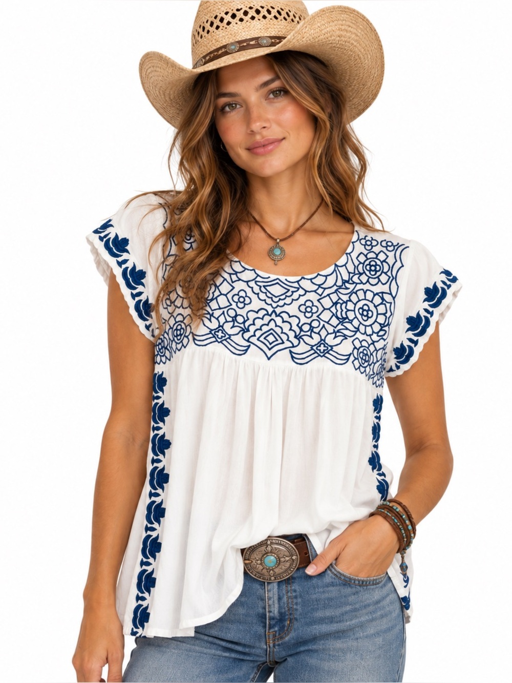 Ariat White & Blue Embroidered Floral Boho Cap Sleeve Blouse Size Medium